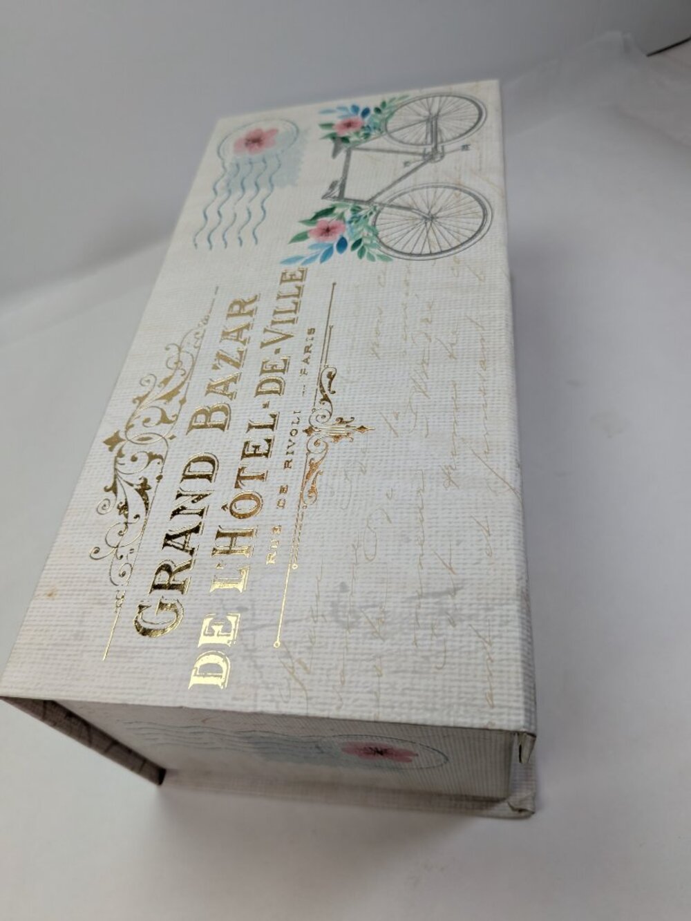Paris France Storage Box Bicycle Gold Metallic Floral Postcard Art Blue